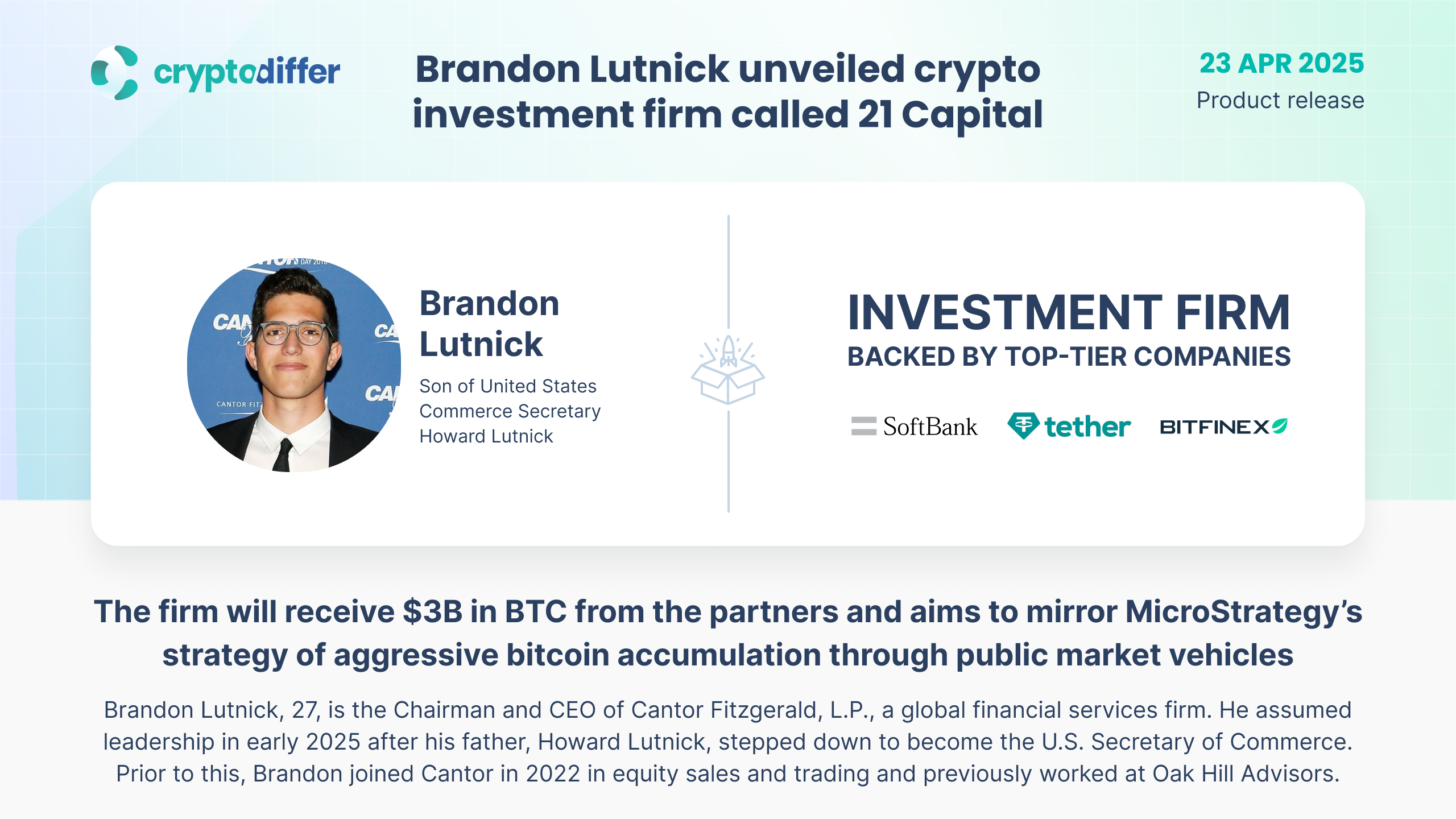 Brandon Lutnick unveiled crypto investment firm called 21 Capital