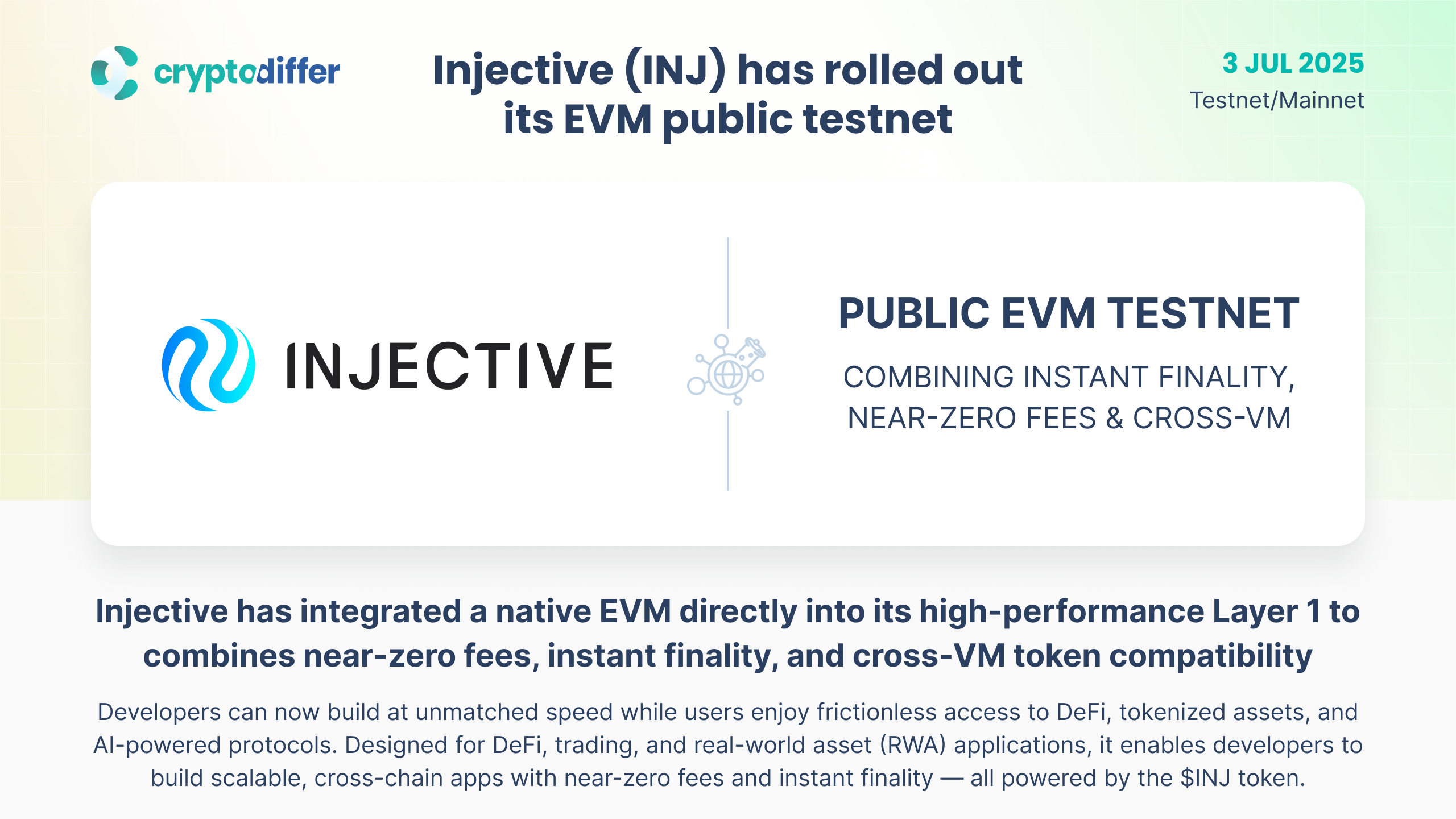 Injective (INJ) has rolled out its EVM public testnet