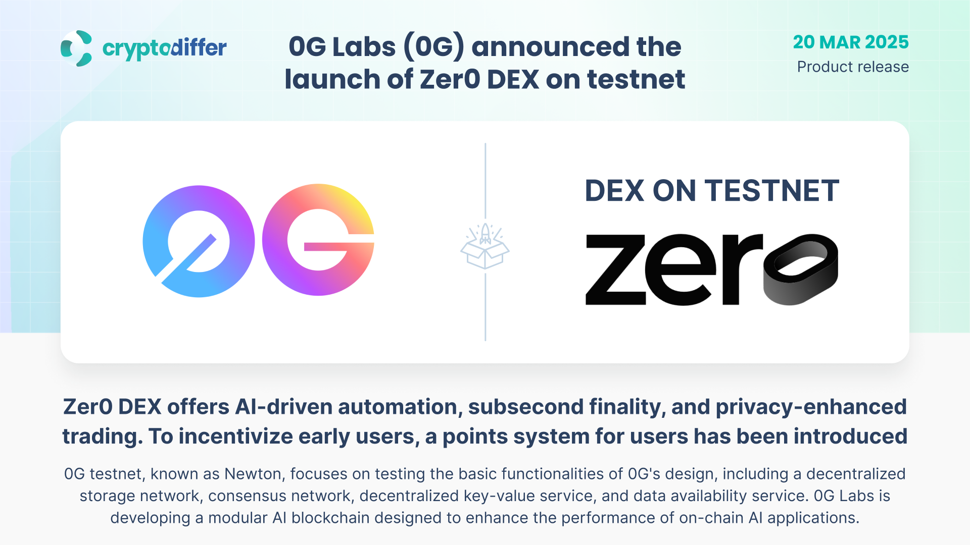 0G Labs (0G) announced the launch of ​Zer0 DEX on testnet